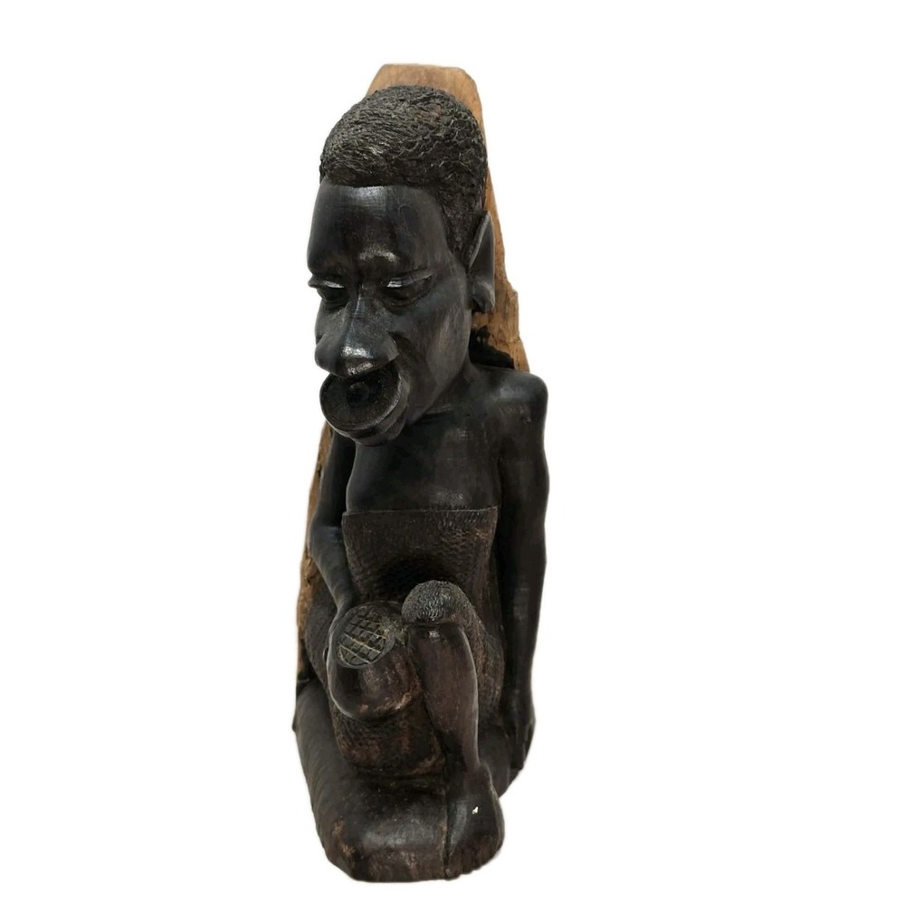 African Hand Carved Wood Figure Sculpture‎ Lip Plate Style Vintage Decor GUC 🪵
